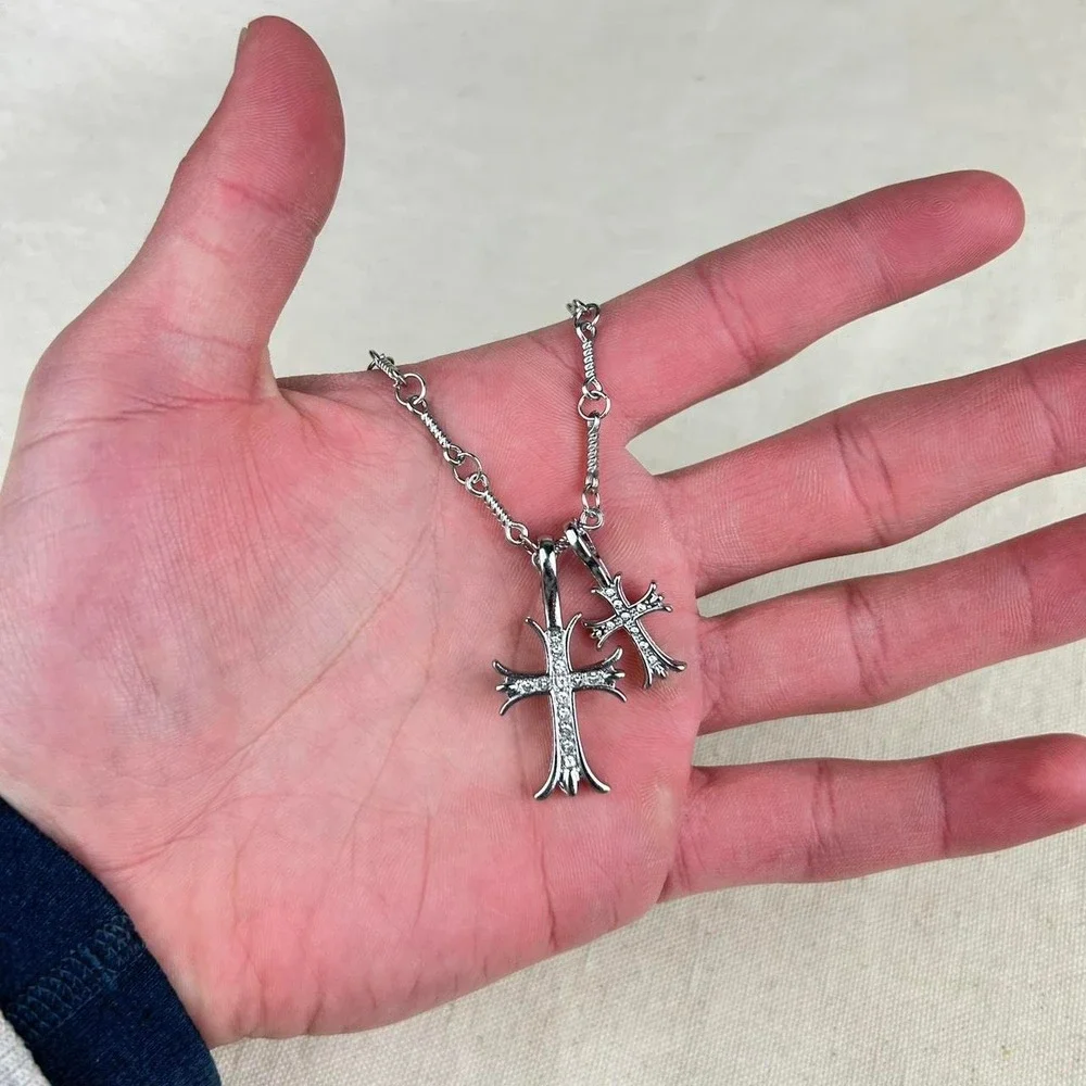 Vintage Y2K silver double cross opium style necklace diamond chain